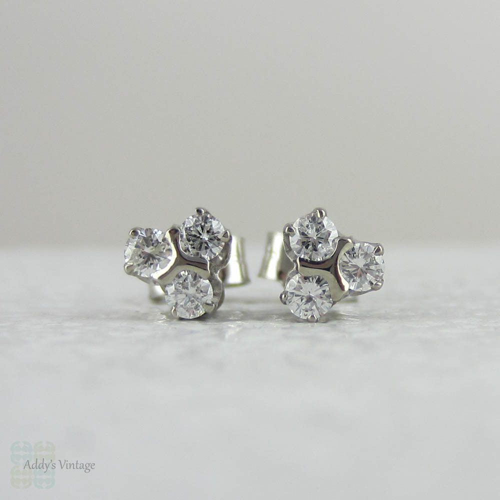 Estate Diamond Stud Earrings. Diamond Three Stone Cluster Earrings in 9 Carat White Gold.