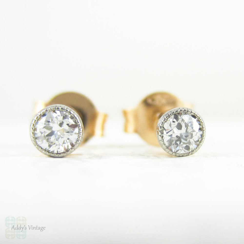 Old European Diamond Earrings in Rose Gold with Platinum Edge, Antique 1900s Baby Bezel Settings with Milgrain Beading, 18ct & Platinum.