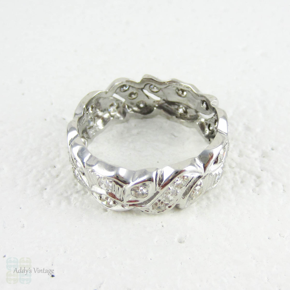 Vintage Diamond Eternity Ring, Wide Pierced Foliate Design Full Hoop Diamond Eternity or Wedding Band. 14 Carat Gold, Size O.75 / 7.5.