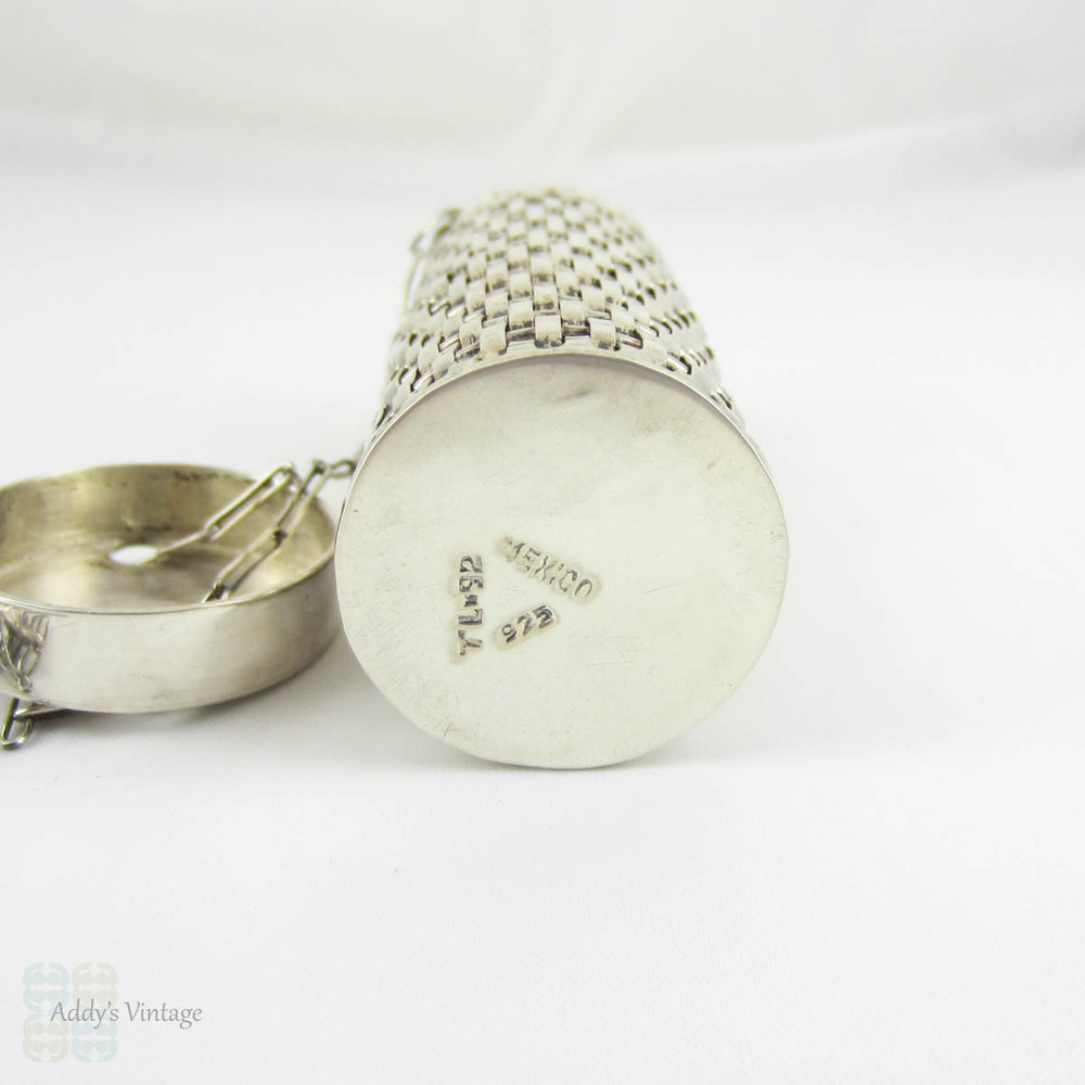 Vintage Necklace Pendant Container, Mexican Sterling Silver Basket Weave Style Woven Design Storage Holder on Long Paperclip Chain.