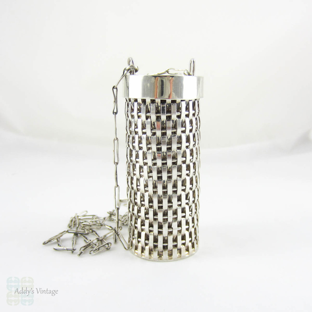 Vintage Necklace Pendant Container, Mexican Sterling Silver Basket Weave Style Woven Design Storage Holder on Long Paperclip Chain.