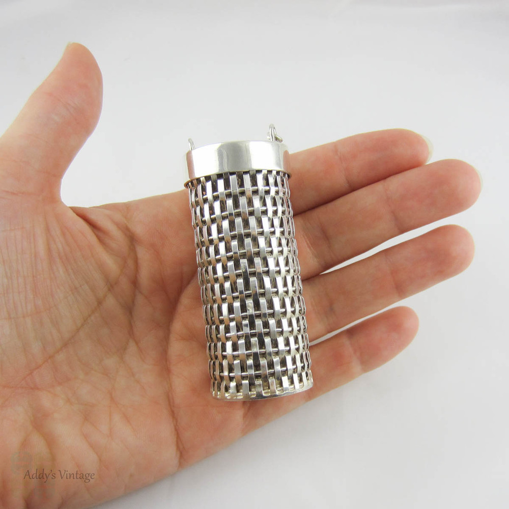 Vintage Necklace Pendant Container, Mexican Sterling Silver Basket Weave Style Woven Design Storage Holder on Long Paperclip Chain.