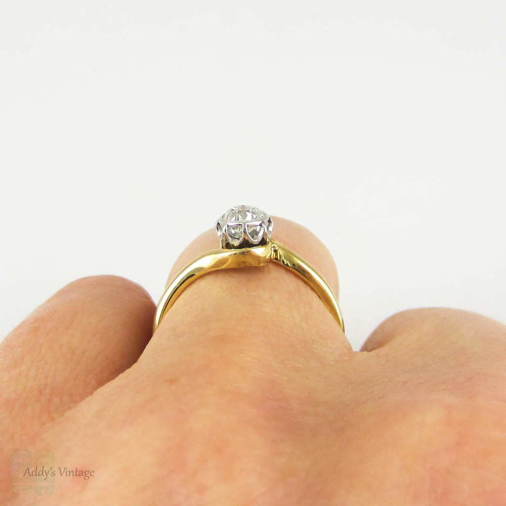 Vintage Diamond Solitaire Engagement Ring, Old Mine Cut Diamond, 18 Carat Gold Crossover Bypass Setting, Circa 1930s.