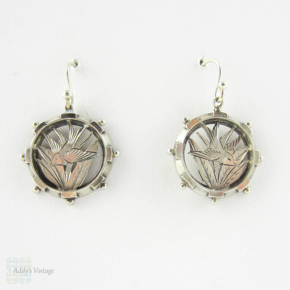 Victorian Swallow Bird Earrings, Antique Sterling Silver Dangle Diving Bird Engraved Circular Disc Shape Earrings.