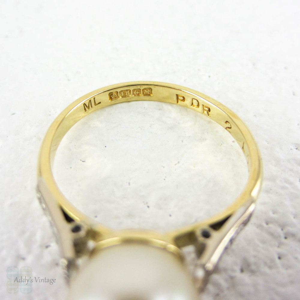Bague Ancienne Or 18k Diamant Et Perle - Vintage Solitaire Style Dôme - Taille 55 - Anneau Fiançailles/mariage Vintage