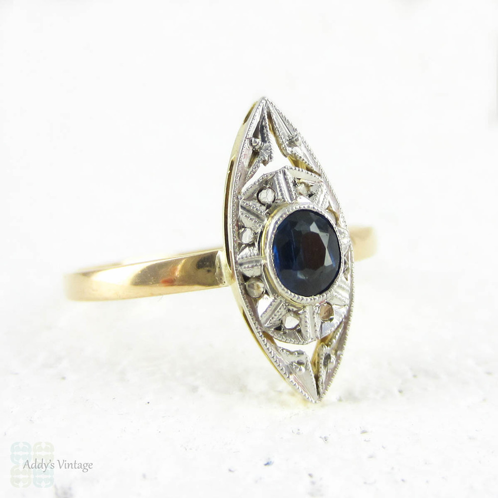 Art Deco Sapphire & Diamond Ring, Navette Shape Blue Sapphire and Rose Cut Diamond Conversion Ring in 18 Carat Gold.
