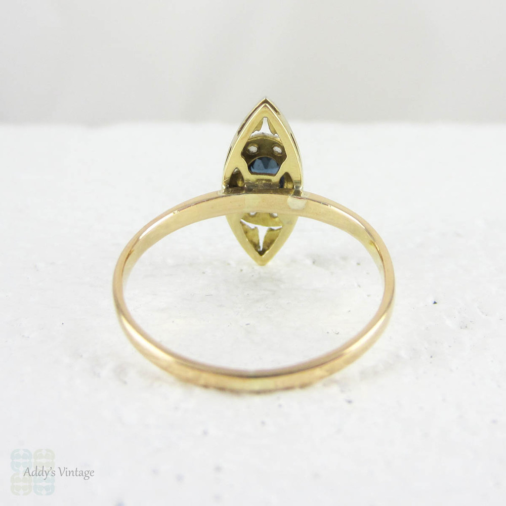Art Deco Sapphire & Diamond Ring, Navette Shape Blue Sapphire and Rose Cut Diamond Conversion Ring in 18 Carat Gold.