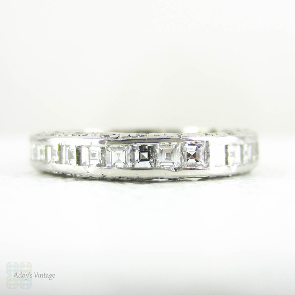 Vintage Diamond Eternity Ring, Carre Cut Full Eternity Wedding or Annivary Band, Pave Set Diamond Sides. Size I / 4.3.