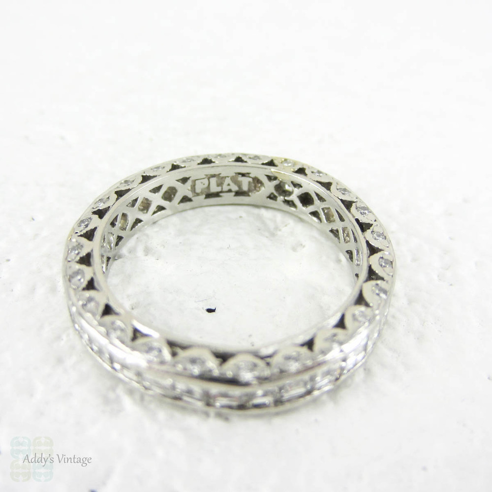 Vintage Diamond Eternity Ring, Carre Cut Full Eternity Wedding or Annivary Band, Pave Set Diamond Sides. Size I / 4.3.