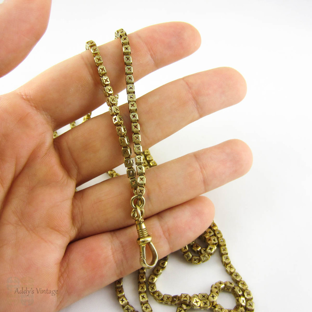 Victorian Pinchbeck Guard Chain, Chunky Square Long Muff Chain Necklace, Swivelling Dog Clip. Circa 1880s, 145 cm / 57 inches.