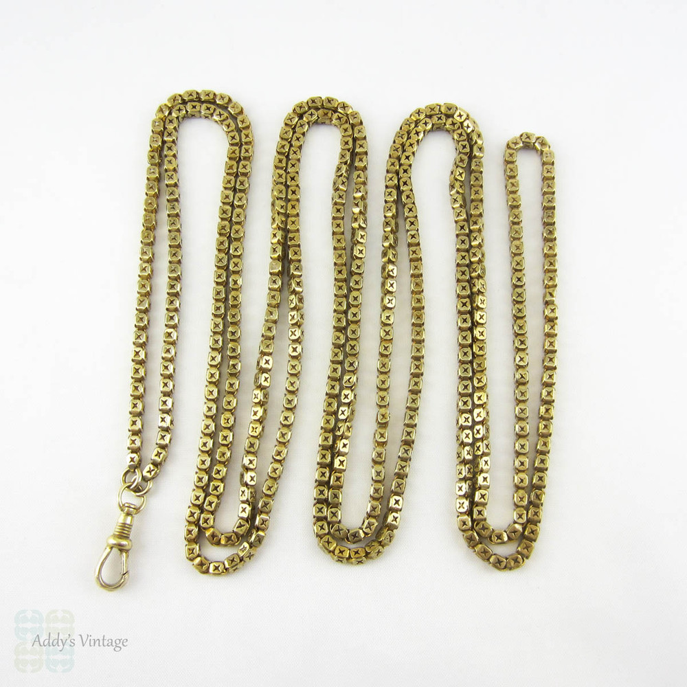 Victorian Pinchbeck Guard Chain, Chunky Square Long Muff Chain Necklace, Swivelling Dog Clip. Circa 1880s, 145 cm / 57 inches.