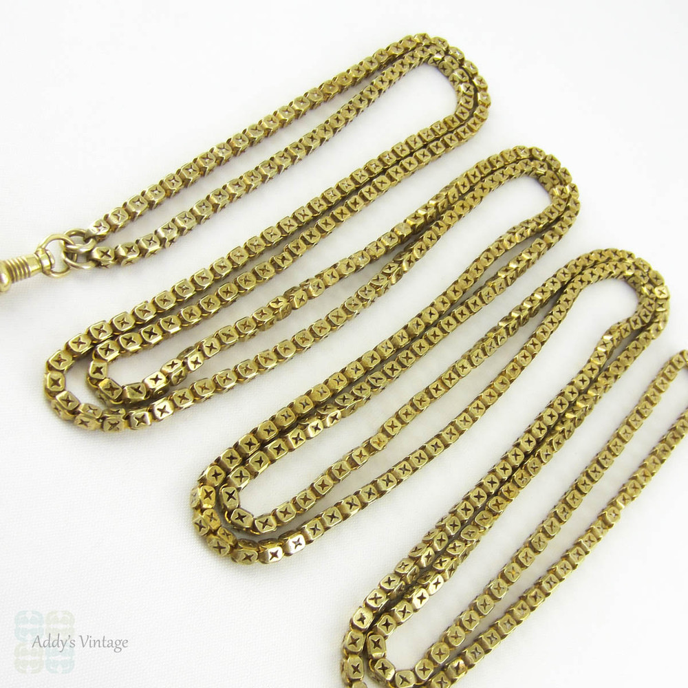 Victorian Pinchbeck Guard Chain, Chunky Square Long Muff Chain Necklace, Swivelling Dog Clip. Circa 1880s, 145 cm / 57 inches.