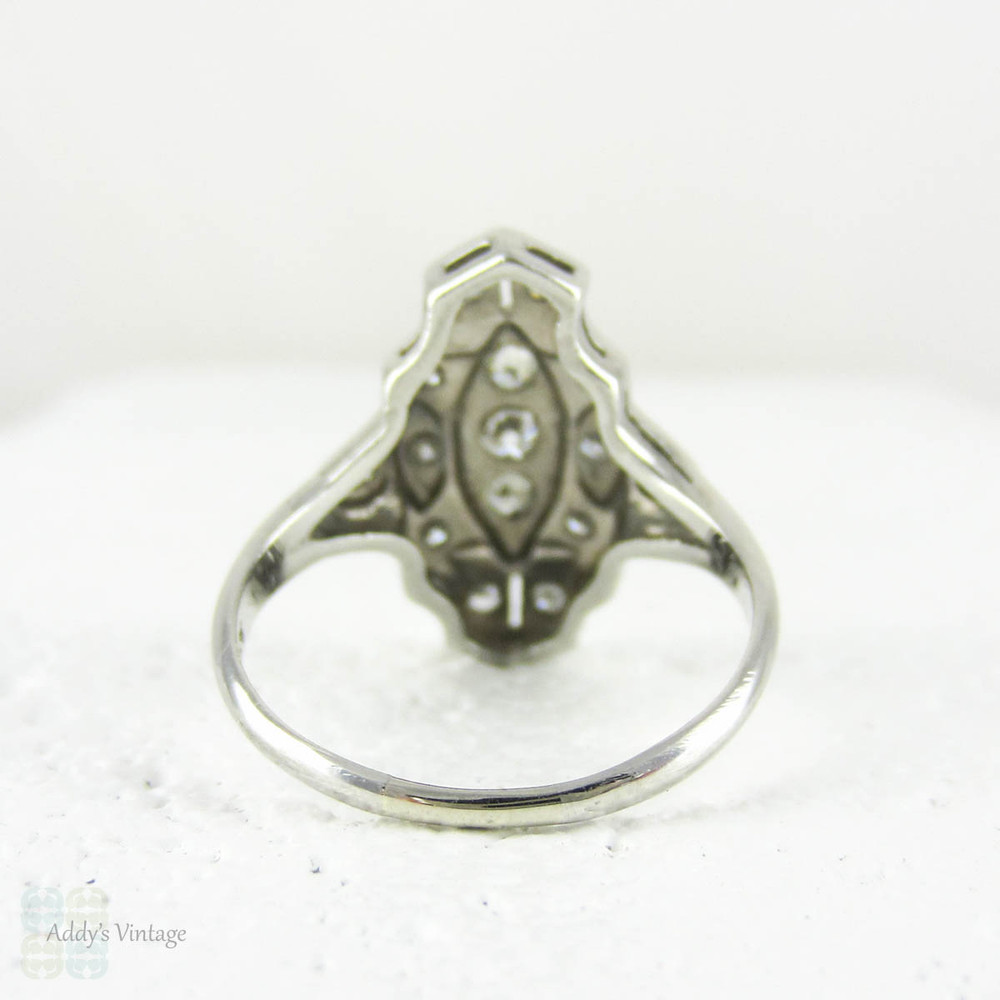 Art Deco Platinum Diamond Dress Ring, Large Cocktail Dinner Ring. Geometric Marquise Shape Stepped Design, Circa 1930s.