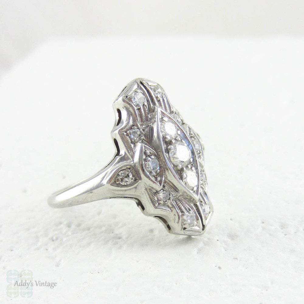 Art Deco Platinum Diamond Dress Ring, Large Cocktail Dinner Ring. Geometric Marquise Shape Stepped Design, Circa 1930s.
