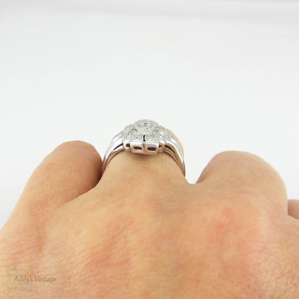 Art Deco Platinum Diamond Dress Ring, Large Cocktail Dinner Ring. Geometric Marquise Shape Stepped Design, Circa 1930s.