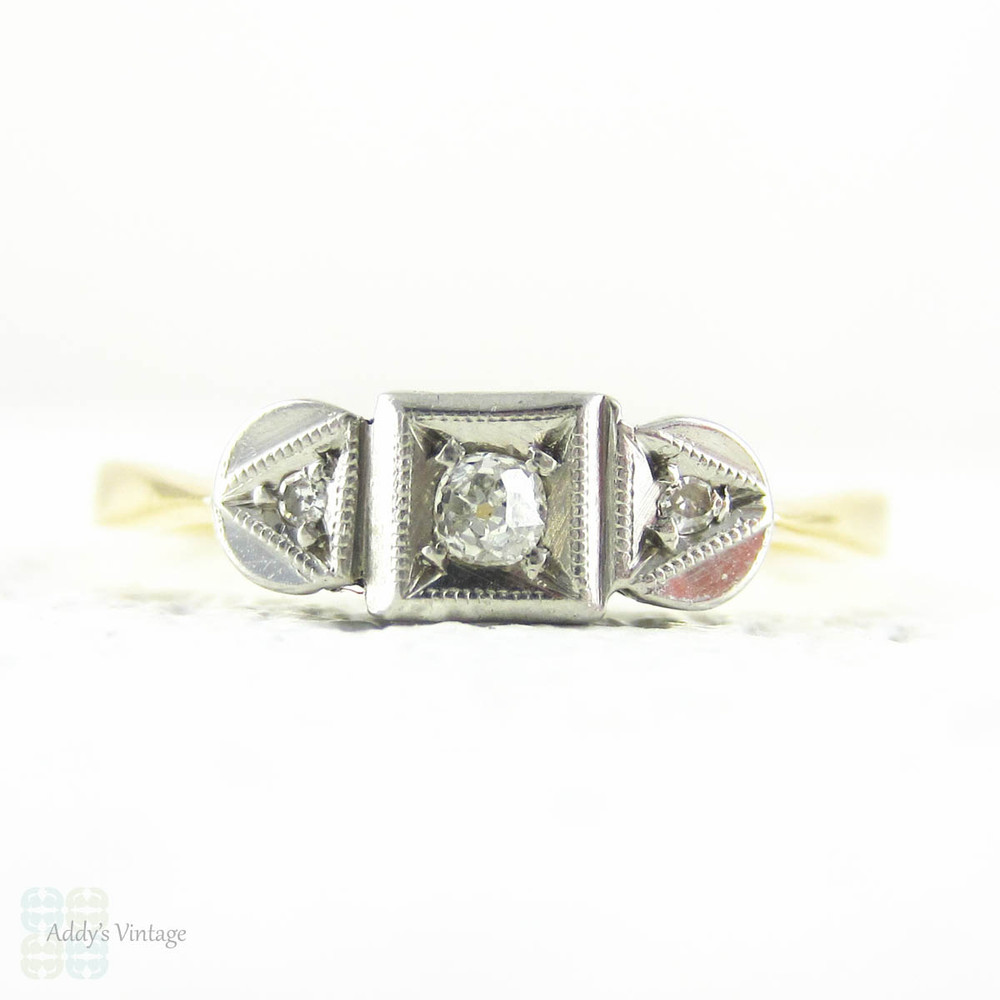 Three Stone Engagement Ring, Vintage Diamond Ring, Geometric Square, Triangle, Circle Shapes, 18 Carat & Platinum, Circa 1920s.