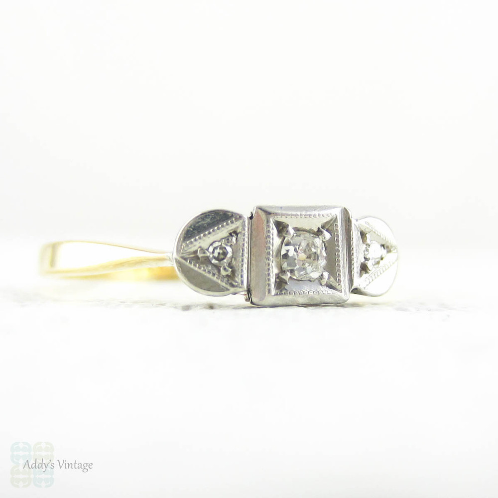 Three Stone Engagement Ring, Vintage Diamond Ring, Geometric Square, Triangle, Circle Shapes, 18 Carat & Platinum, Circa 1920s.