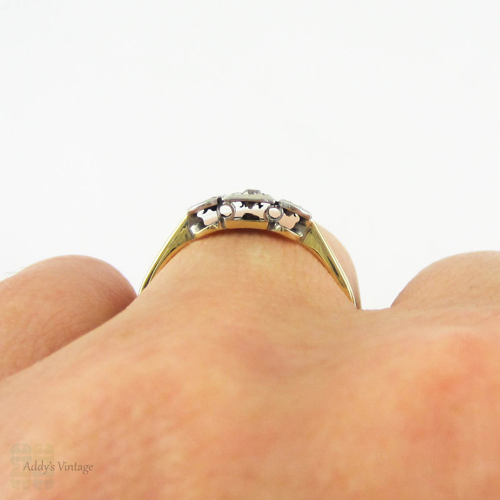 Three Stone Engagement Ring, Vintage Diamond Ring, Geometric Square, Triangle, Circle Shapes, 18 Carat & Platinum, Circa 1920s.