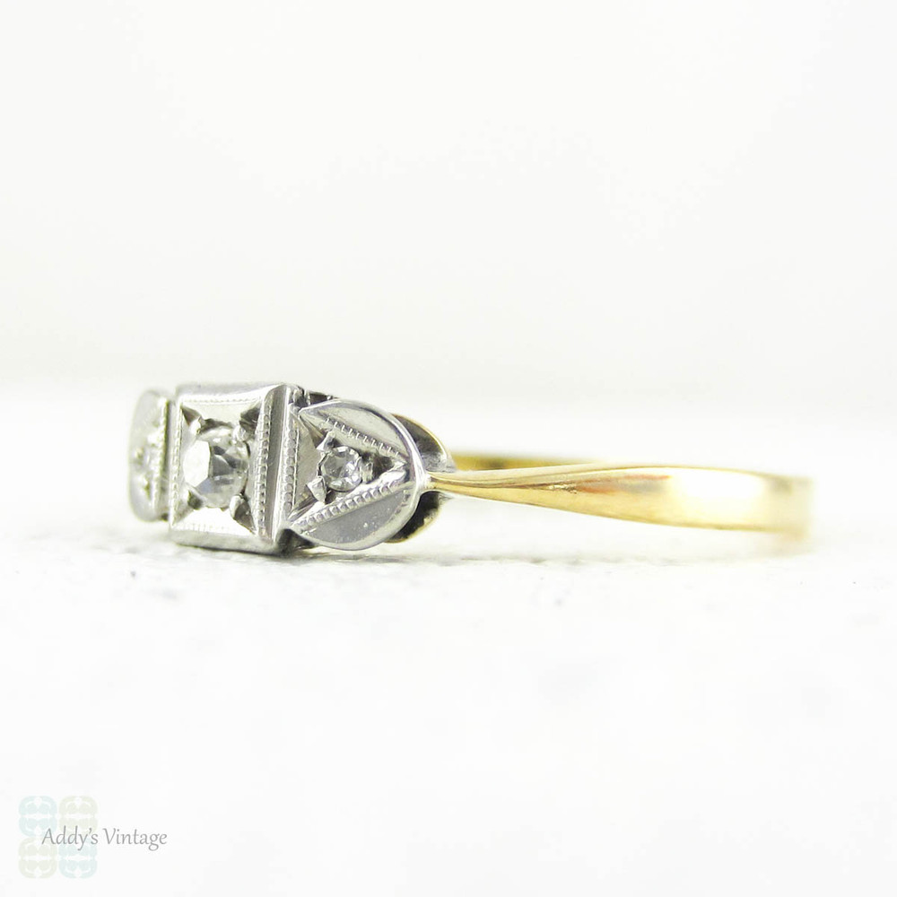 Three Stone Engagement Ring, Vintage Diamond Ring, Geometric Square, Triangle, Circle Shapes, 18 Carat & Platinum, Circa 1920s.