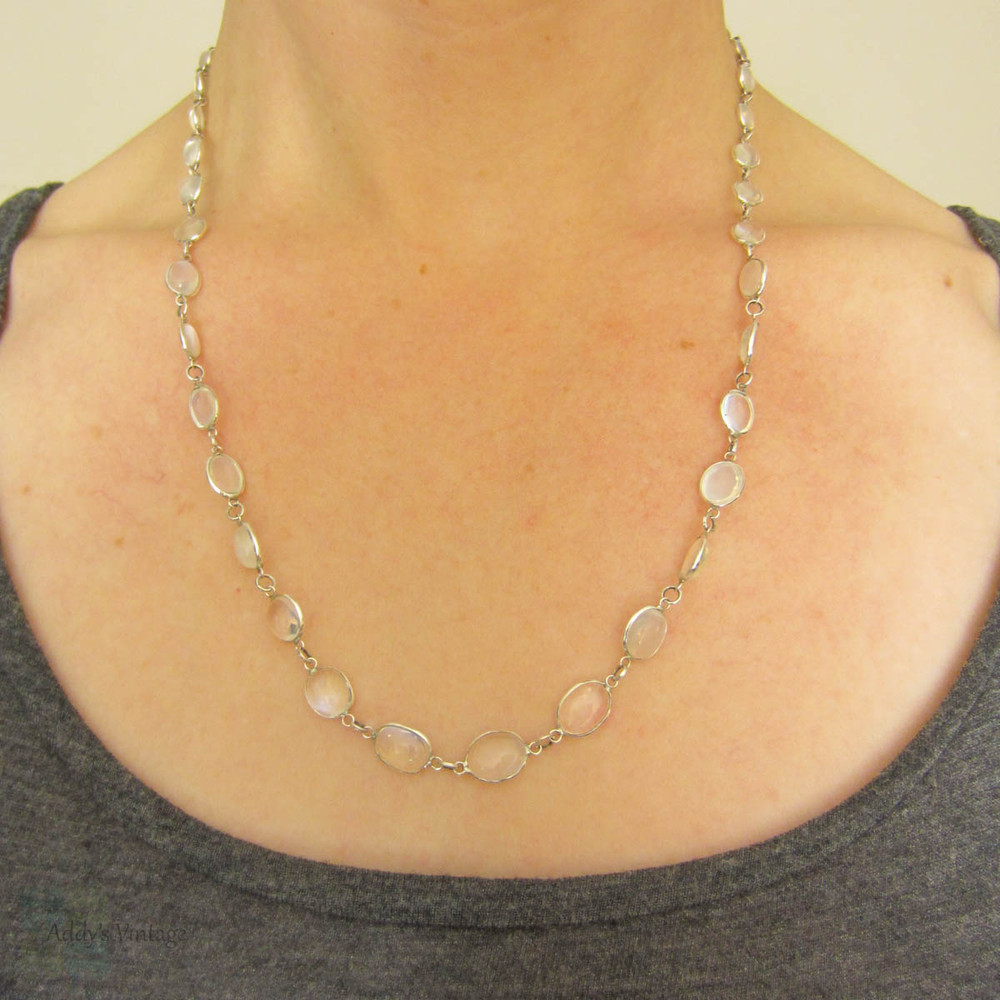 Vintage Graduated Moonstone Necklace. Matinee Length Moonstone Chain Necklace in Sterling Silver, 55.5 cm / 21.85 inches long.