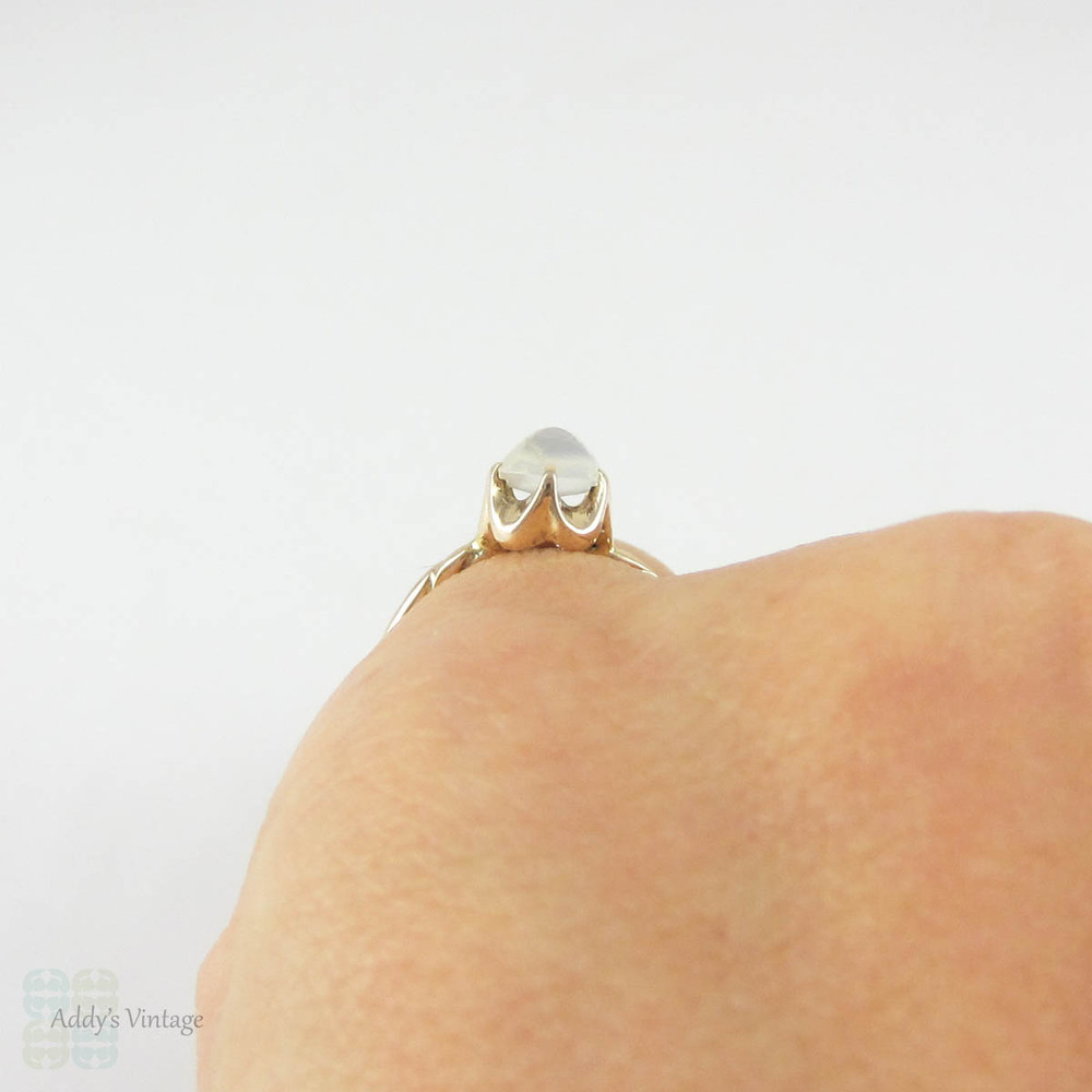 Vintage Moonstone Solitaire Ring, Conversion 9 Carat Rose Gold Edwardian Oval Shape Cabochon Cut Moonstone Ring.