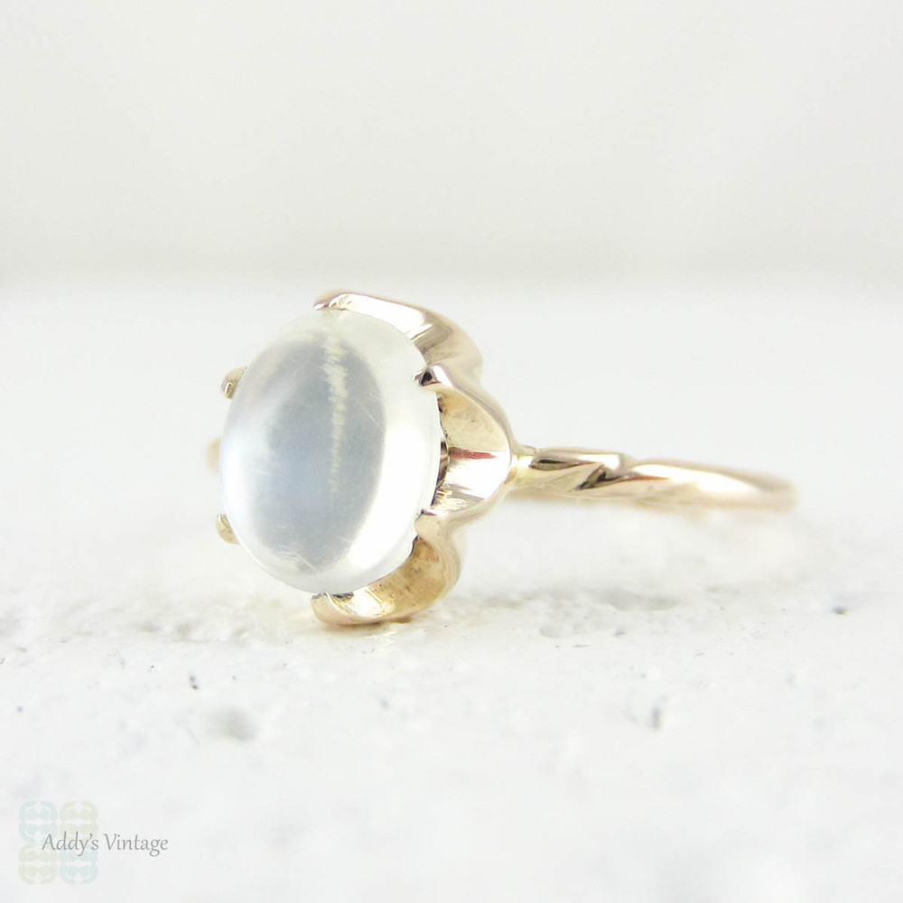 Vintage Moonstone Solitaire Ring, Conversion 9 Carat Rose Gold Edwardian Oval Shape Cabochon Cut Moonstone Ring.
