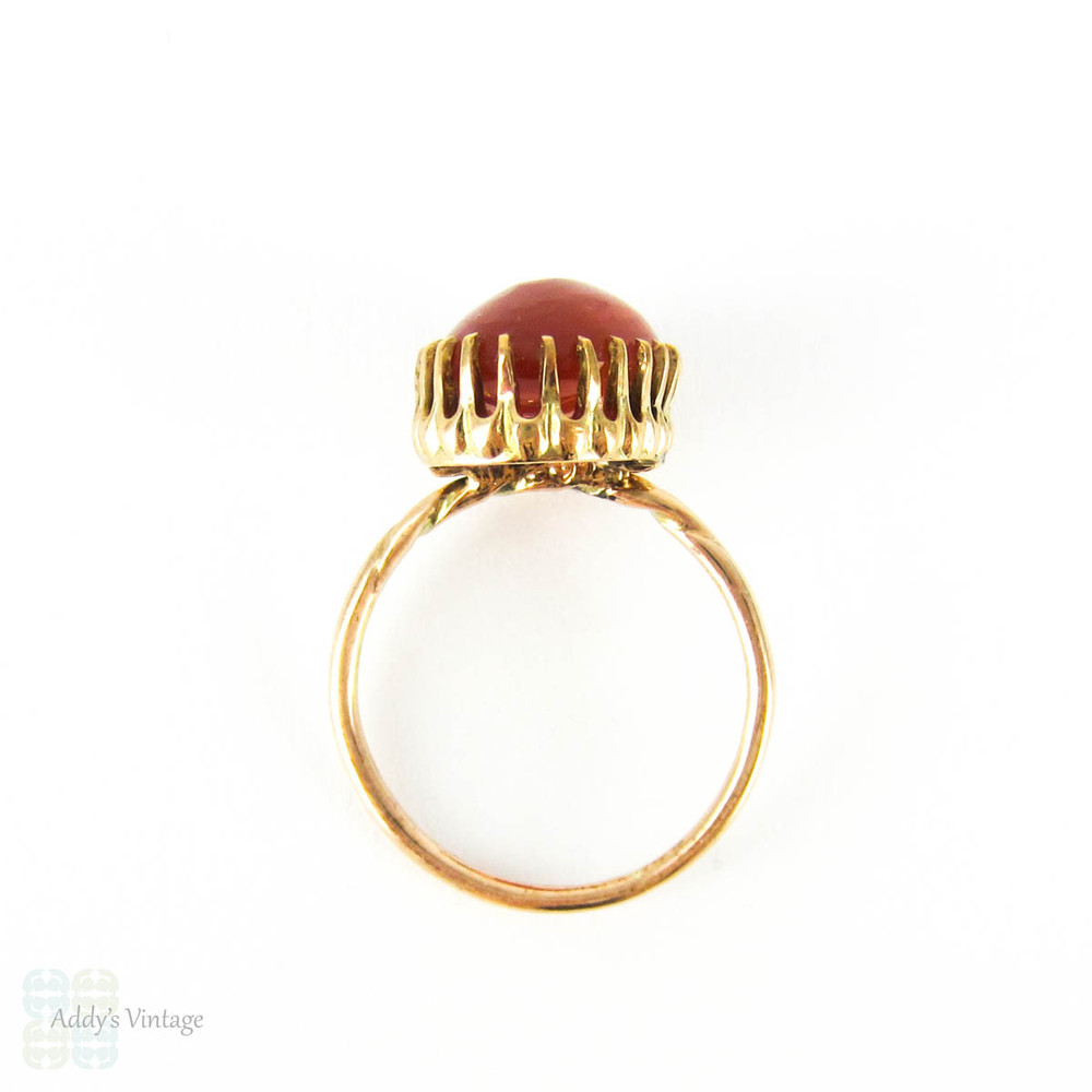 Vintage Carnelian Solitaire Ring, Conversion 9 Carat Gold Victorian Oval Shape Cabochon Cut Red Carnelian Claw Set Ring.