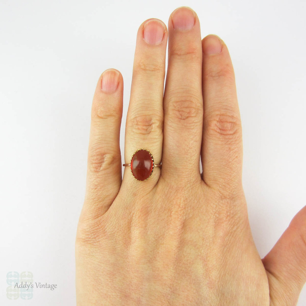 Vintage Carnelian Solitaire Ring, Conversion 9 Carat Gold Victorian Oval Shape Cabochon Cut Red Carnelian Claw Set Ring.