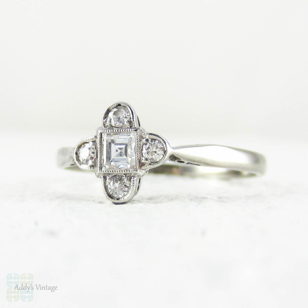 Art Deco Engagement Ring in White Gold, Square Carre Cut Diamond Framed by Round Cut Diamonds in 14 Carat Gold.