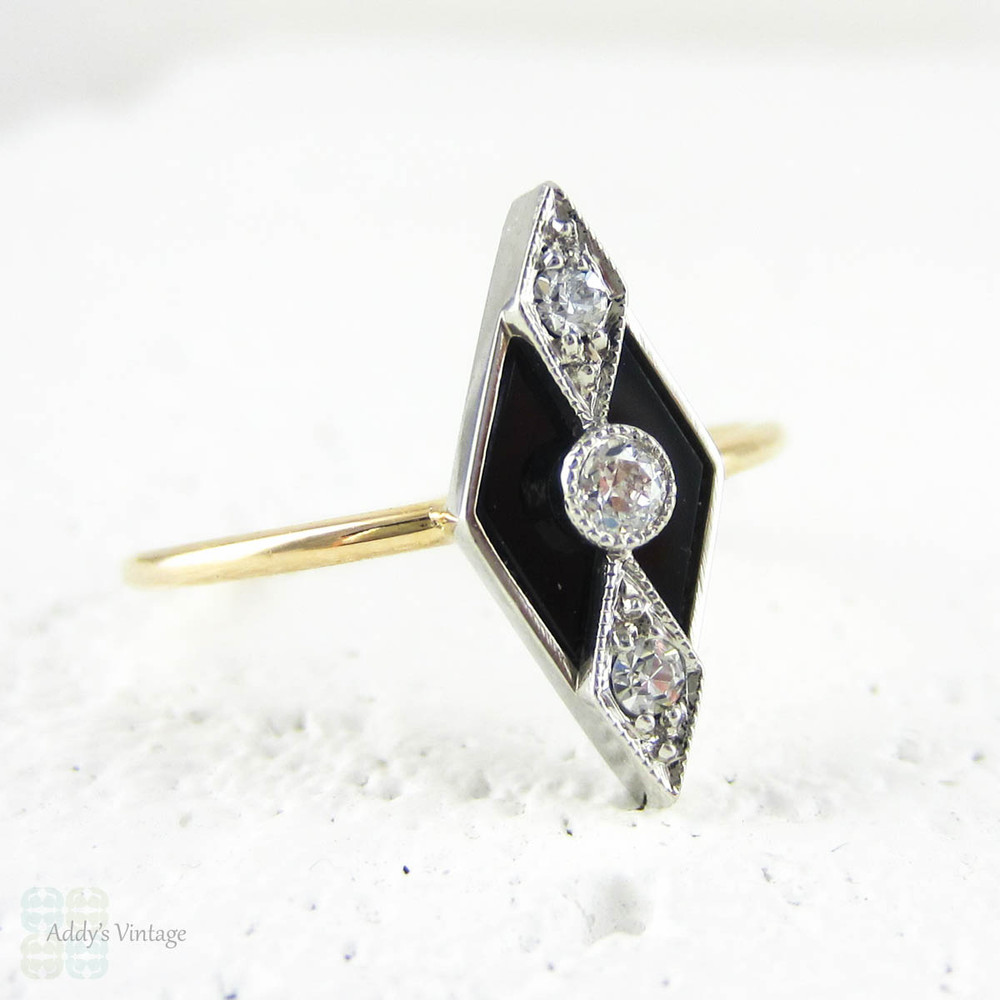 Art Deco Onyx & Diamond Ring, Bold Geometric Marquise Shaped Panel Conversion Ring, 14 Carat Gold.