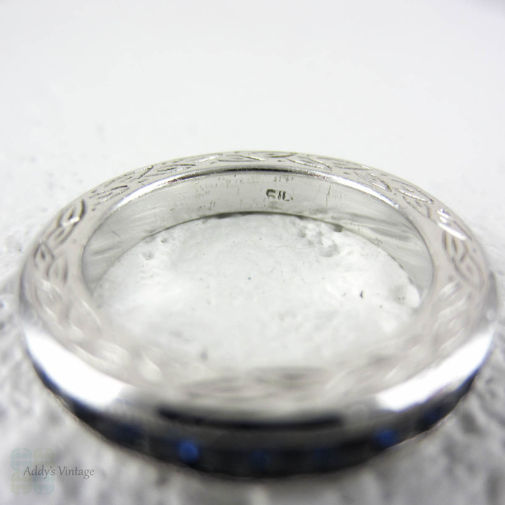 Vintage Sapphire Eternity Ring, Channel Set Synthetic Sapphires. Engraved Sterling Silver Milgrain Setting, Size I.5 / 4.6. 