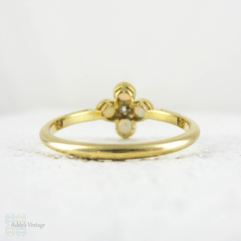 Vintage Opal & Diamond Cluster Ring, Four Petal Flower Style Shape with Centre Diamond. Circa 1940s, 18 Carat & Palladium.