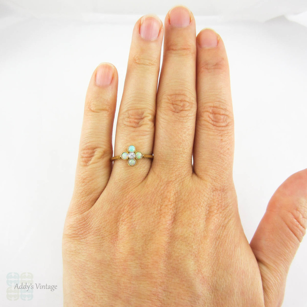 Vintage Opal & Diamond Cluster Ring, Four Petal Flower Style Shape with Centre Diamond. Circa 1940s, 18 Carat & Palladium.