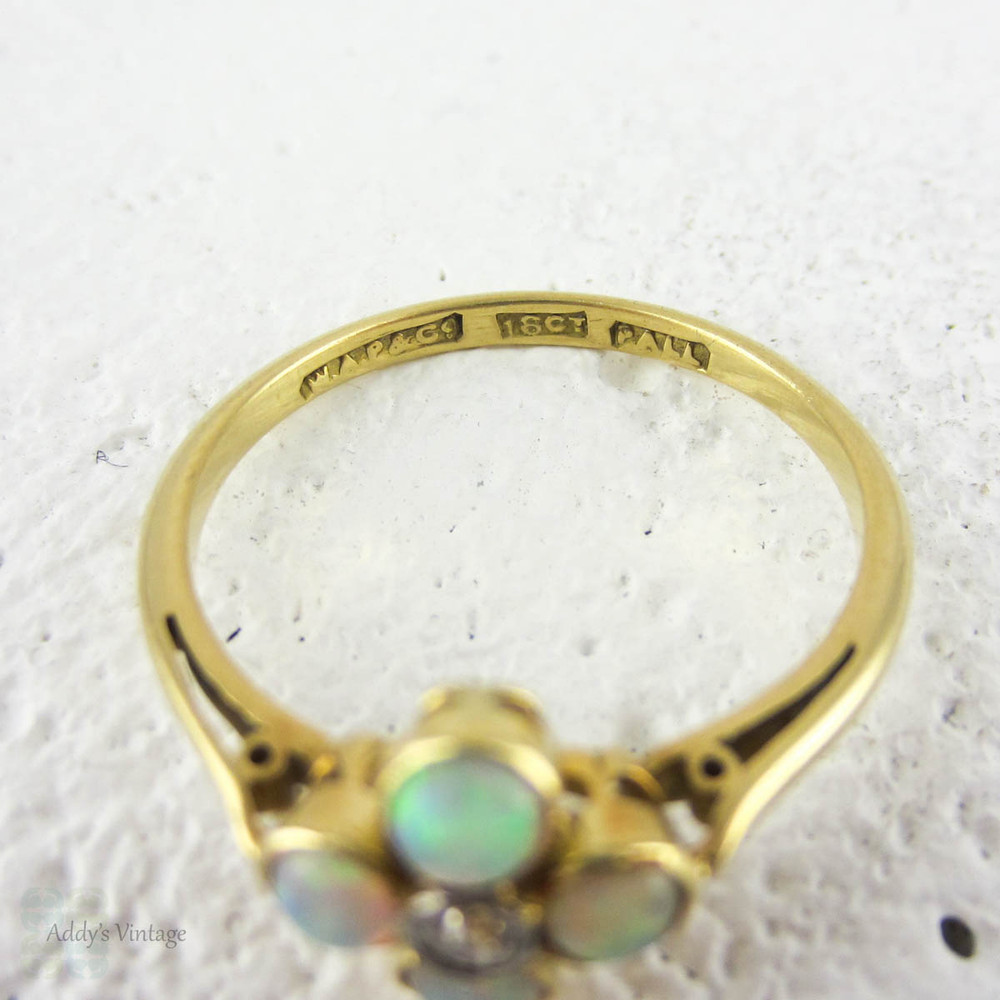Vintage Opal & Diamond Cluster Ring, Four Petal Flower Style Shape with Centre Diamond. Circa 1940s, 18 Carat & Palladium.