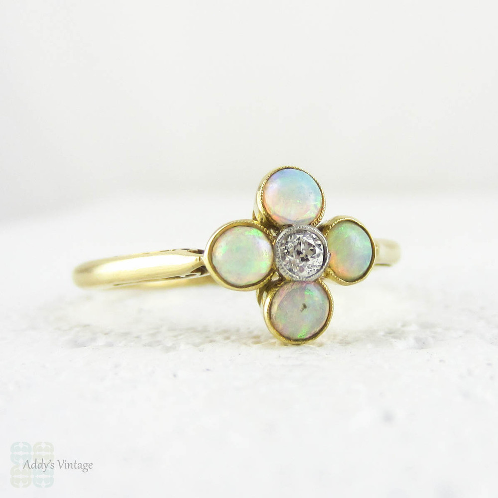 Vintage Opal & Diamond Cluster Ring, Four Petal Flower Style Shape