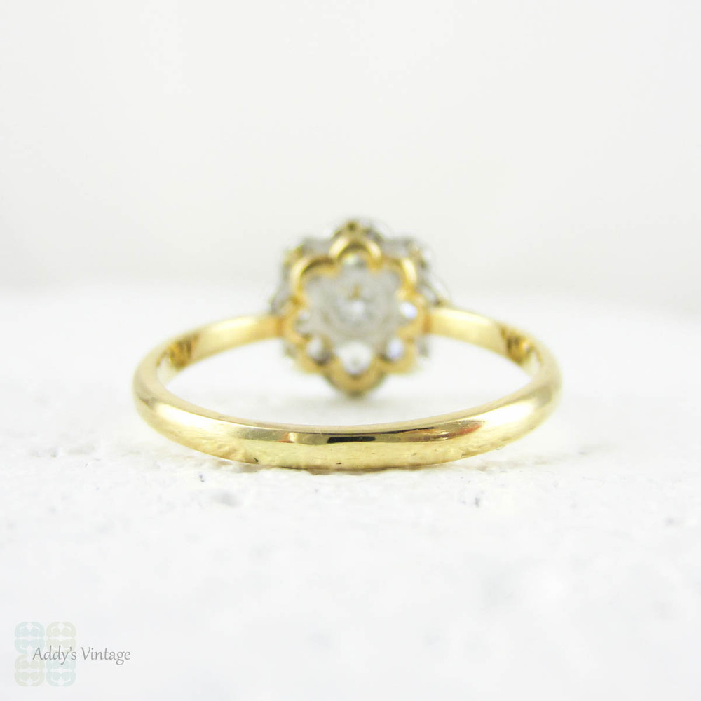 Antique Diamond Daisy Engagement Ring, Floral Shape Old Mine & Old European Cut Vintage Diamond Flower Ring in 18 Carat, Platinum.