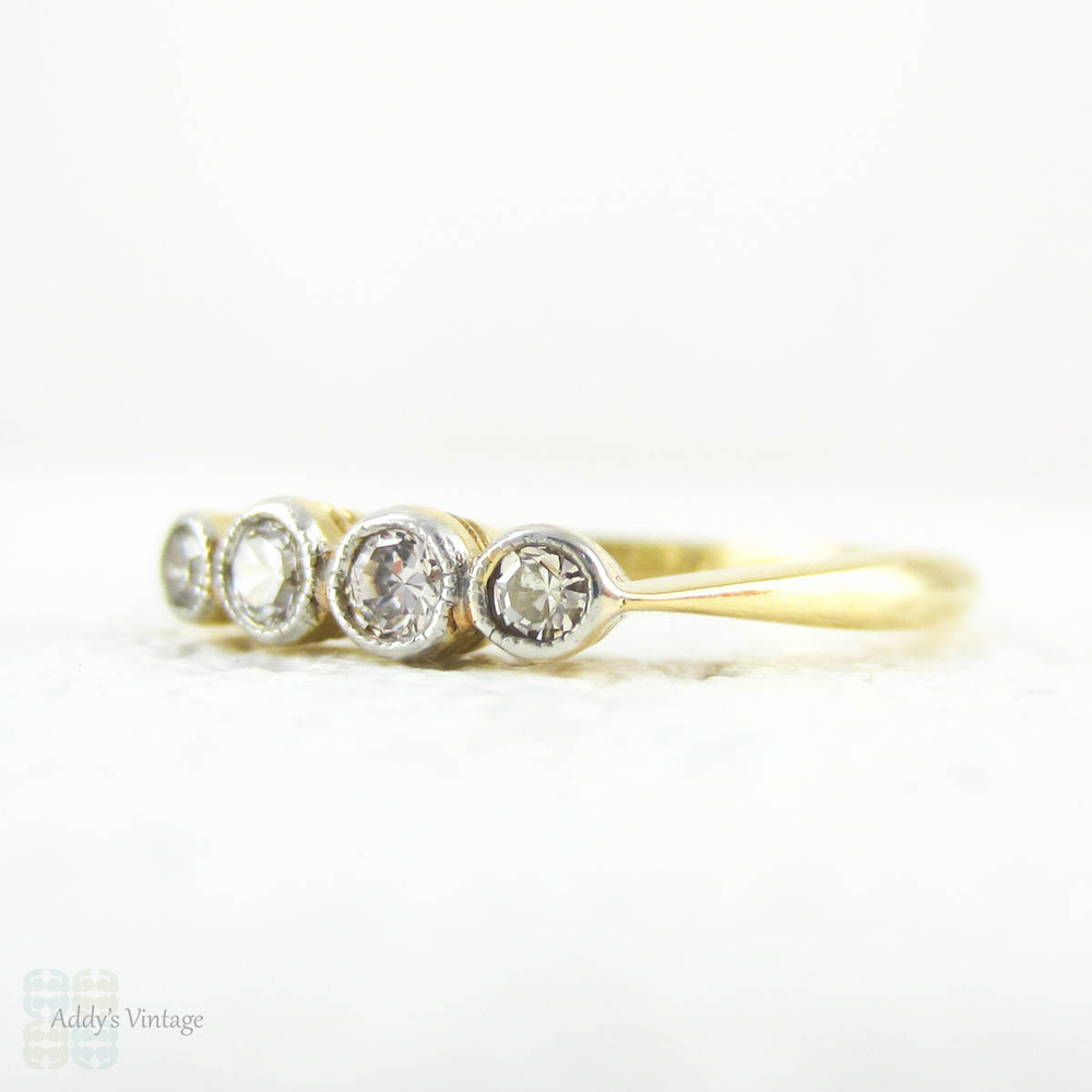 Art Deco Four Stone Diamond Ring, Bezel Set Diamond Engagement or Anniversary Band, 0.15 ctw in 18 ct & Platinum.