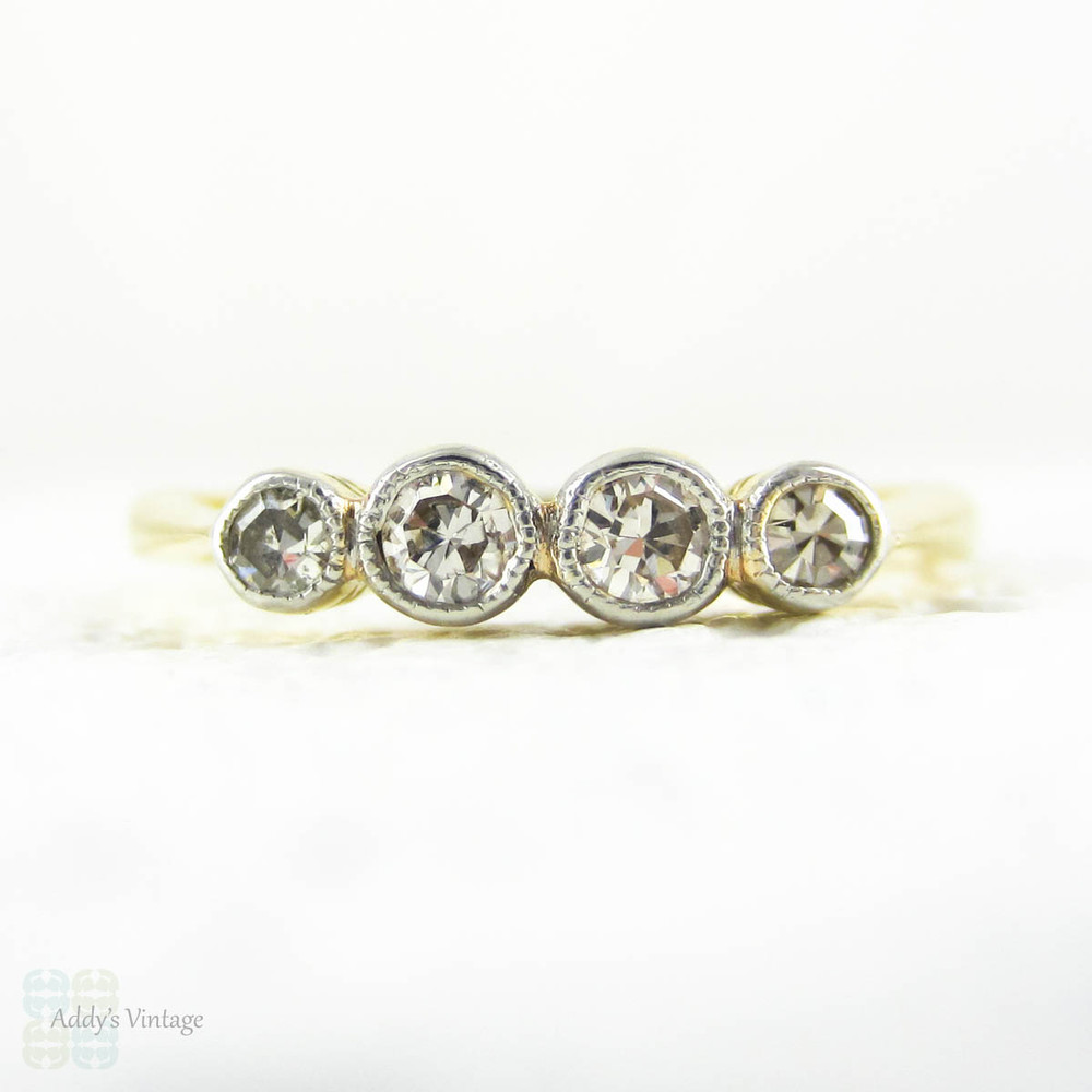 Art Deco Four Stone Diamond Ring, Bezel Set Diamond Engagement or Anniversary Band, 0.15 ctw in 18 ct & Platinum.