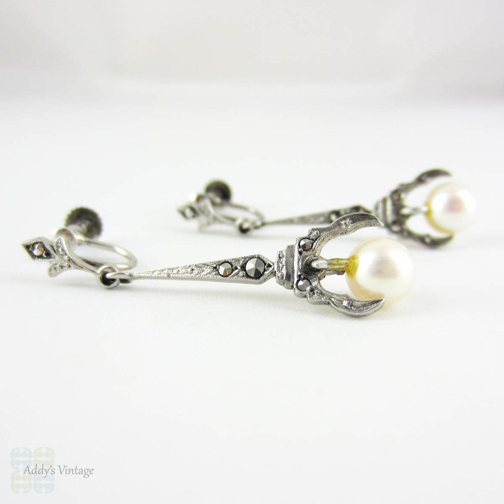 Vintage Pearl Drop Earrings, Art Deco Silver Marcasite Set Cultured Pearl Dangle Screwback Earrings, Circa 1930s.