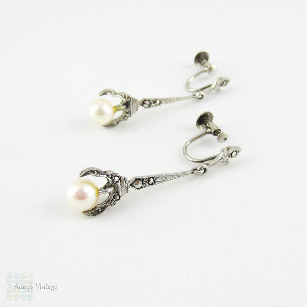 Vintage Pearl Drop Earrings, Art Deco Silver Marcasite Set Cultured Pearl Dangle Screwback Earrings, Circa 1930s.