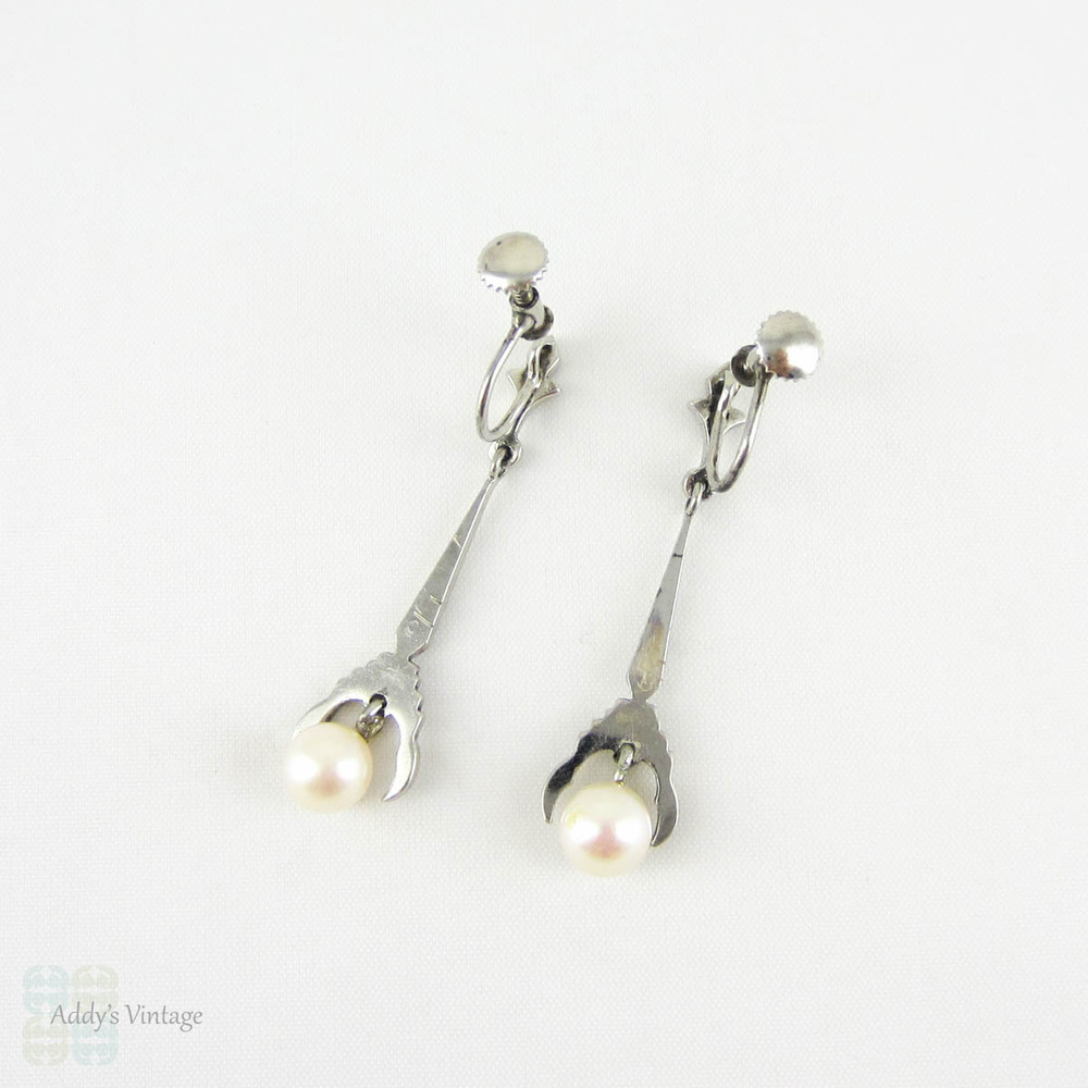 Vintage Pearl Drop Earrings, Art Deco Silver Marcasite Set Cultured Pearl Dangle Screwback Earrings, Circa 1930s.