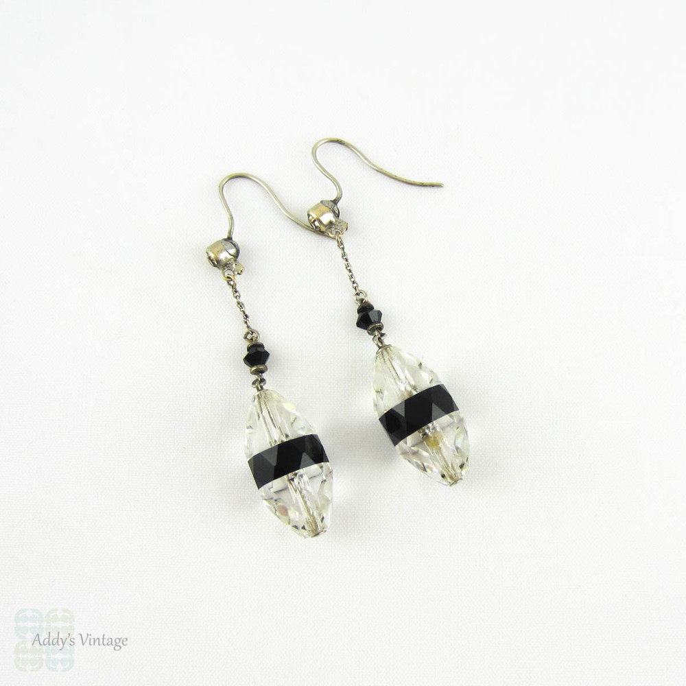 Art Deco Drop Earrings, Classic Black & White Look Faceted Cut Glass Paste Dangle Earrings in Silver, Circa 1920s - 1930s.