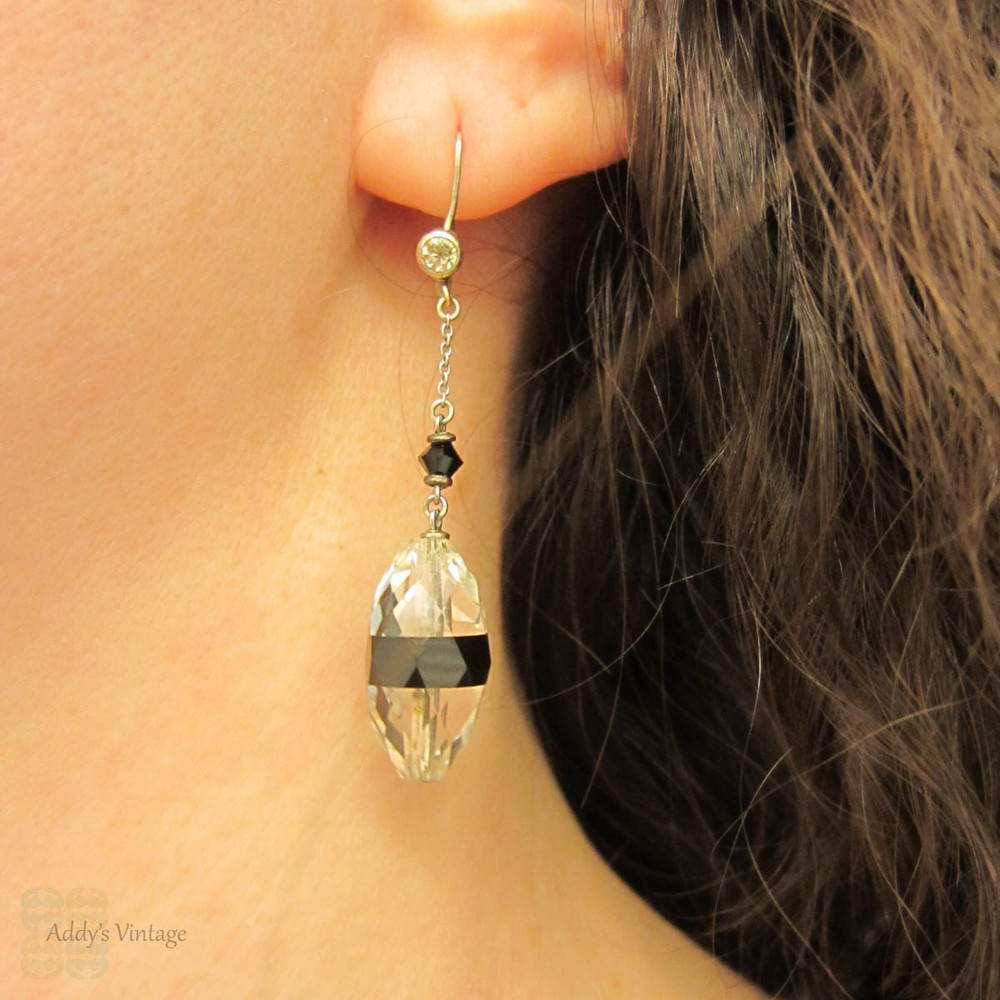 Art Deco Drop Earrings, Classic Black & White Look Faceted Cut Glass Paste Dangle Earrings in Silver, Circa 1920s - 1930s.