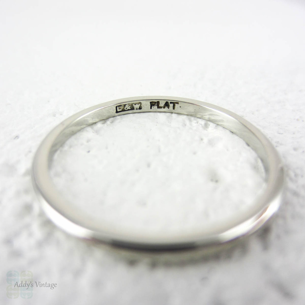 Narrow Ladies Platinum Wedding Ring, Vintage Slender Platinum Plain Wedding Band, Circa 1930s, Size P / 7.75.