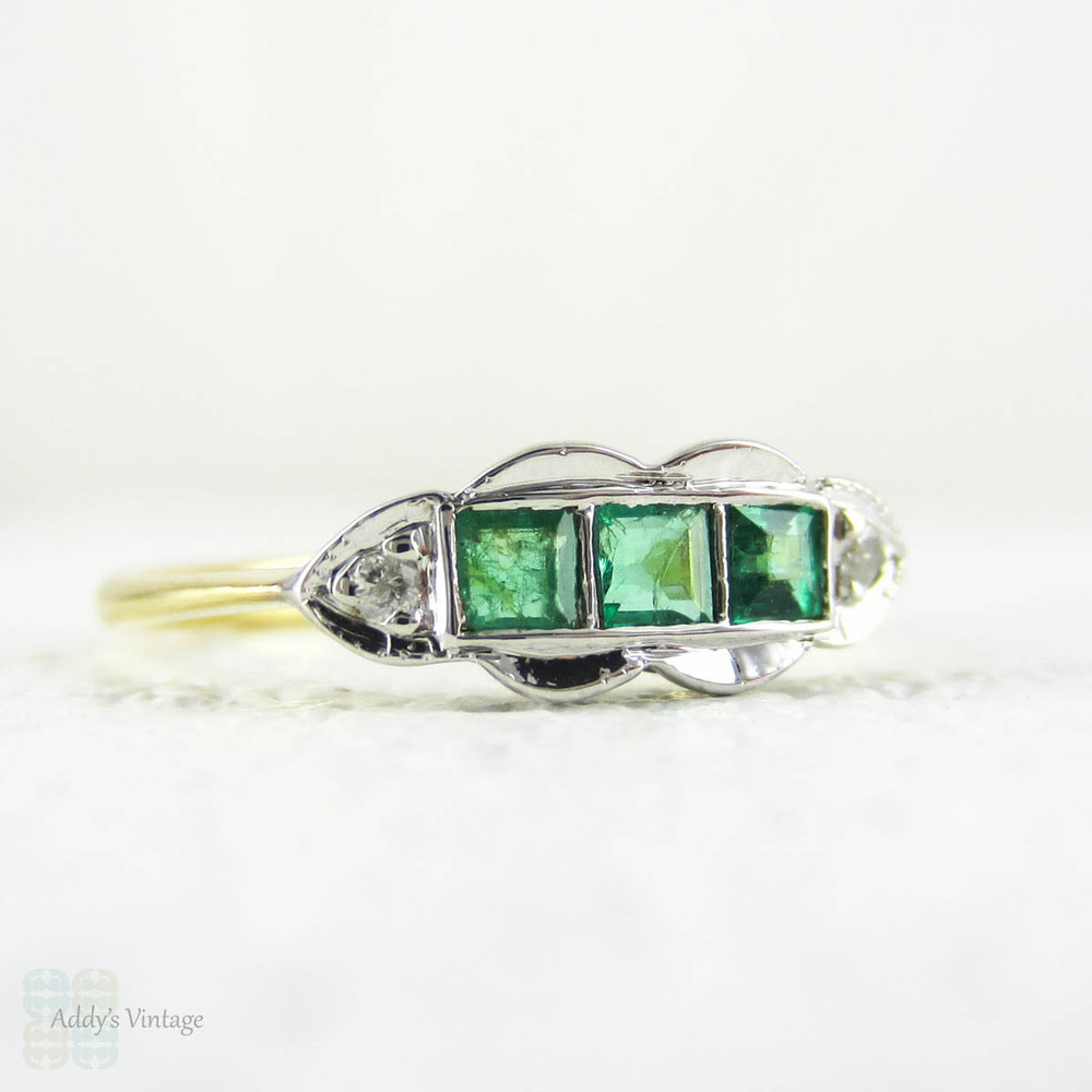 Emerald & Diamond Art Deco Engagement Ring. Carre Cut Green Emeralds, Diamond Accented 18ct Gold, Platinum Setting. Circa 1920s.