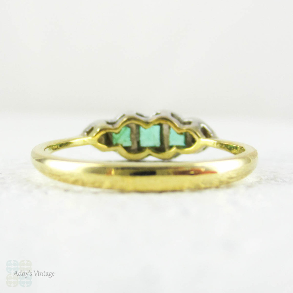 Emerald & Diamond Art Deco Engagement Ring. Carre Cut Green Emeralds, Diamond Accented 18ct Gold, Platinum Setting. Circa 1920s.