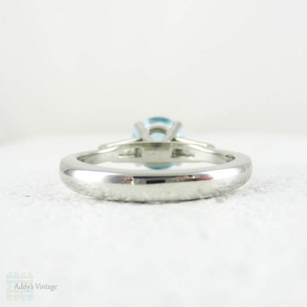 Blue Zircon & Diamond Engagement Ring, Round Blue Zircon with Tapered Baguettes in Vintage Platinum Setting, 2.45 ctw.