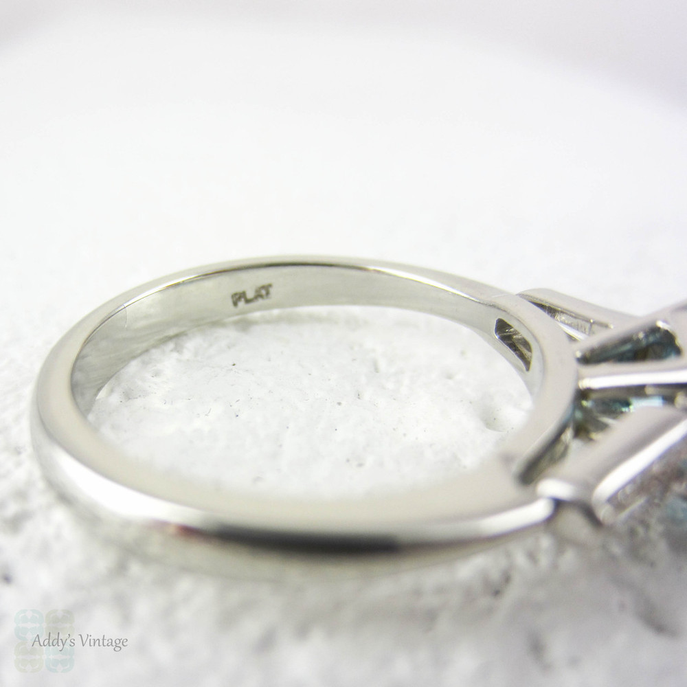 Blue Zircon & Diamond Engagement Ring, Round Blue Zircon with Tapered Baguettes in Vintage Platinum Setting, 2.45 ctw.