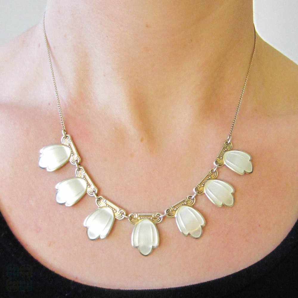 Mid Century Enamel Necklace by Andersen & Scheinpflug, Norway. Scandinavian Sterling Silver & White Enamel Floral Design, Circa 1940s.