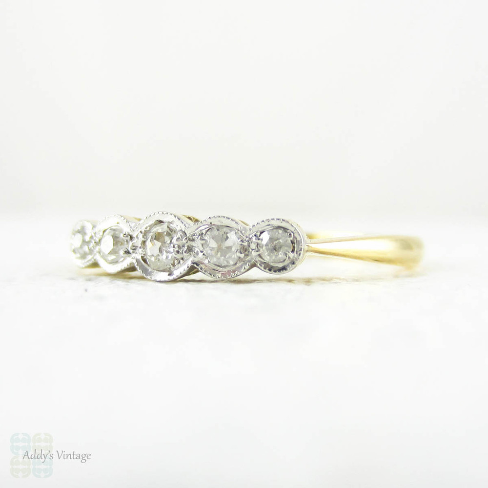 Antique Five Stone Diamond Ring, Old Mine Cut Pave Set Diamond Wedding Ring with Milgrain Beading, 18 Carat & Platinum, Circa 1890s.